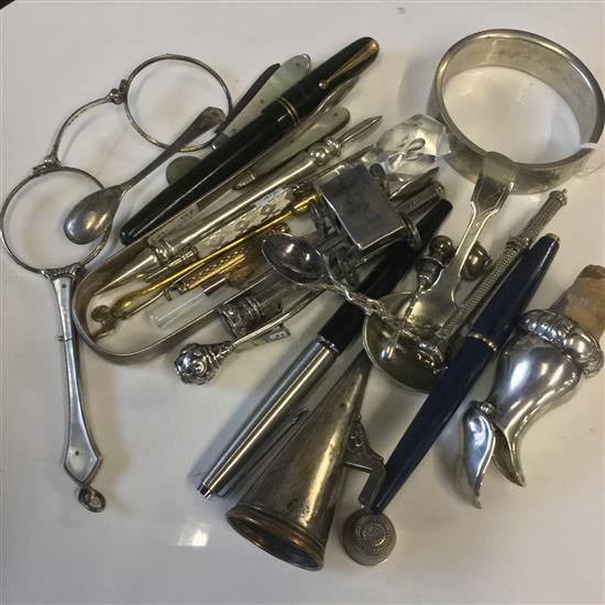 Collection of small silver & plated items, inc bangle, tongs, spoons, nut pick, pencils, pince-nez etc & 3 fountain pens (Q)